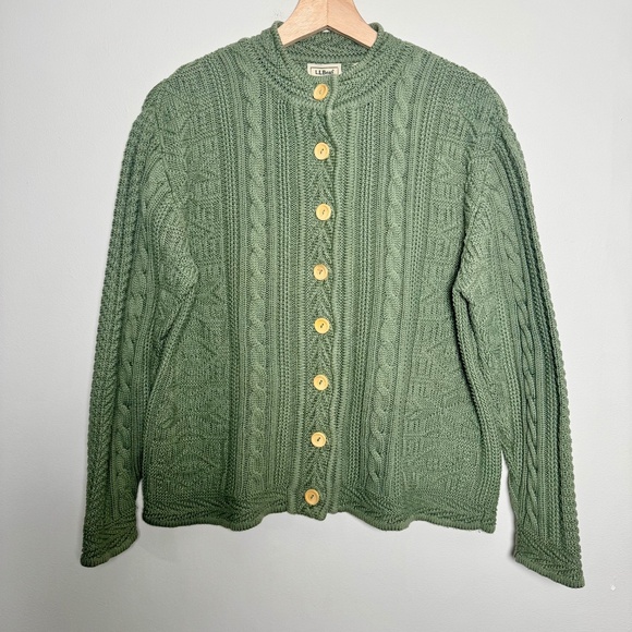 LL Bean Sage Green Cable-knit Heritage Cardigan w Wood Buttons Sz M - Picture 2 of 8